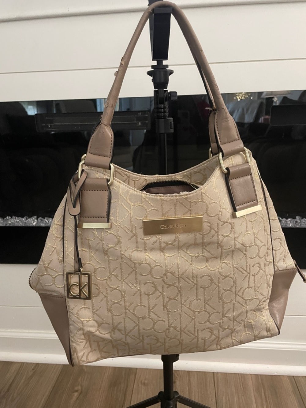 Calvin Klein Beige Logo Shoulder Bag with Gold Accents